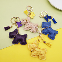 Porte-clés en cuir avec breloque chien Scottie, pompon, pendentif de sac, motif autruche, doré, mignon, vente en gros, personnalisé, OEM, ODM
