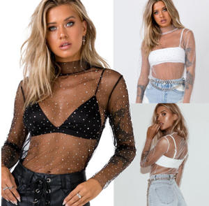 2023, camiseta informal de manga larga para mujer, ropa <span class=keywords><strong>Sexy</strong></span> para discoteca, Top de malla, decoración con lentejuelas, transparente, método de tejido no tejido - Product Image 3
