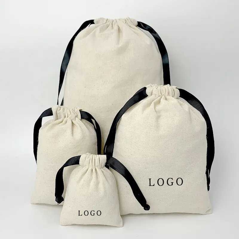 Borsa promozionale con coulisse in tessuto naturale promozionale in mussola di cotone organico ecologico personalizzato con Logo stampato