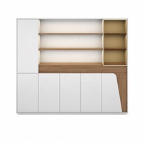 Meuble de rangement de bureau blanc avec étagères LED, accent en bois, cadre doré, sans poignées, pour bureau de direction