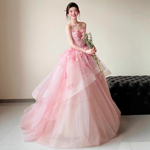 Vestido de noche de tul rosa, sin tirantes, largo hasta el suelo, vestido de fiesta con apliques florales, vestido formal para fiesta de boda - Product Image 2