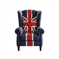 Fauteuil simple capitonné en toile de jute style campagnard américain avec accent Union Jack et motif écossais britannique pour salon