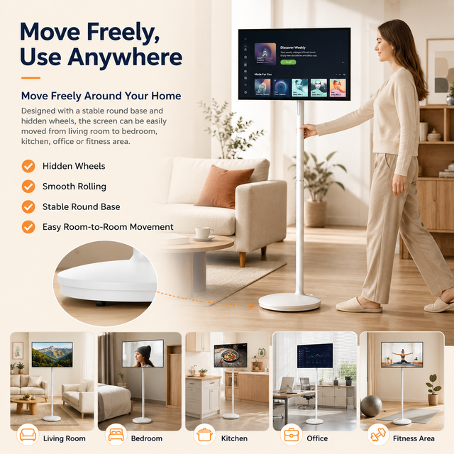 Portable TV for Kitchen Android Touch Screen Smart TV with Wheels Battery and Wireless Casting
