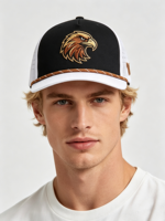 Gorra Trucker Deportiva Personalizada al por Mayor de 5 Paneles con Logotipo Bordado de Alta Calidad, Cuerda de Esponja Marrón y Parche de Águila Tejido