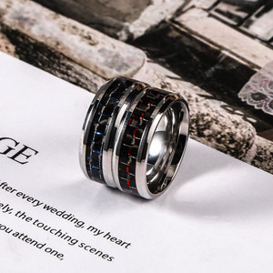 Anillos de acero inoxidable plateados, azules y rojos con incrustaciones de fibra de carbono, alianzas de boda para hombres y mujeres SA1056 - Product Image 3