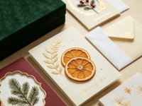 Fenghetong Maßgefertigte Samt-Geschenkbox Grußkarten-Set Goldfolie Winter Botanische Weihnachts-Dankeskarten mit Umschlag Großhandel
