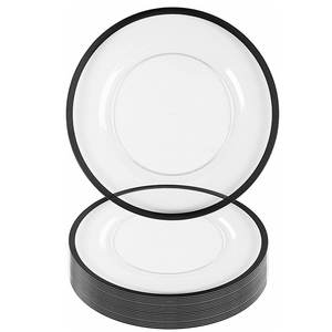8 Pack Reusable Disposable Heavy Duty Large 13 Inch Black Rim Dinner Serving Platter Clear Plastic Charger Plates