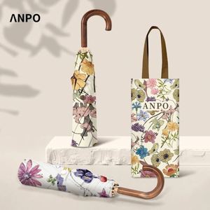 Parapluie soleil/pluie personnalisé OEM avec logo, motif floral vintage, revêtement doré, ouverture manuelle, poignée en bois, cadre en alliage d'or, pour femme/fille - Product Image 2
