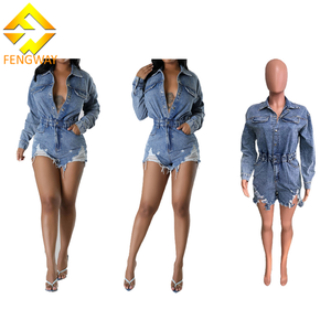 ¡Novedad de 2024! Mono corto con cuello vuelto, mono ajustado elástico, Mono vaquero con cintura rasgada - Product Image 1