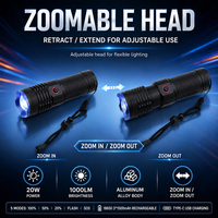 Lampe torche laser zoomable 20W 1000LM avec fonction Power Bank, rechargeable Type-C, 3 piles 18650, en alliage d'aluminium, 5 modes SOS