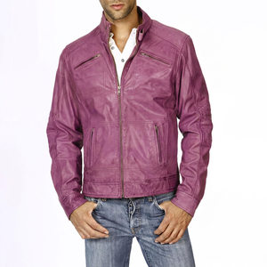 High Quality Light Brown Waxed Sheep Skin Leather Jacket for Men KLJM2 Washed Style 100% Cotton Canvas <b>Stand</b> Collar Four Front - Product Image 1