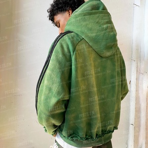 Custom Vintage Sun Fade Zip up Sweatsuits Acid Wash Double Layer Hoodie Set Two Piece Stripe Tracksuit Distress <b>Jogging</b> <b>Suit</b> - Product Image 3
