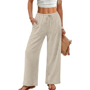 FOXA Mid Waist Wide Leg Pants Women Flowy Palazzo Drawstring Breathable <b>Elastic</b> Waist with Pockets Summer Beach Vacation Clothes - Product Image 2