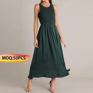 Personalizzato Oem modesto <span class=keywords><strong>donna</strong></span> nuova moda estiva chiesa O collo senza maniche a coste <span class=keywords><strong>verde</strong></span> abito lungo Midi <span class=keywords><strong>abbigliamento</strong></span> femminile - Product Image 1