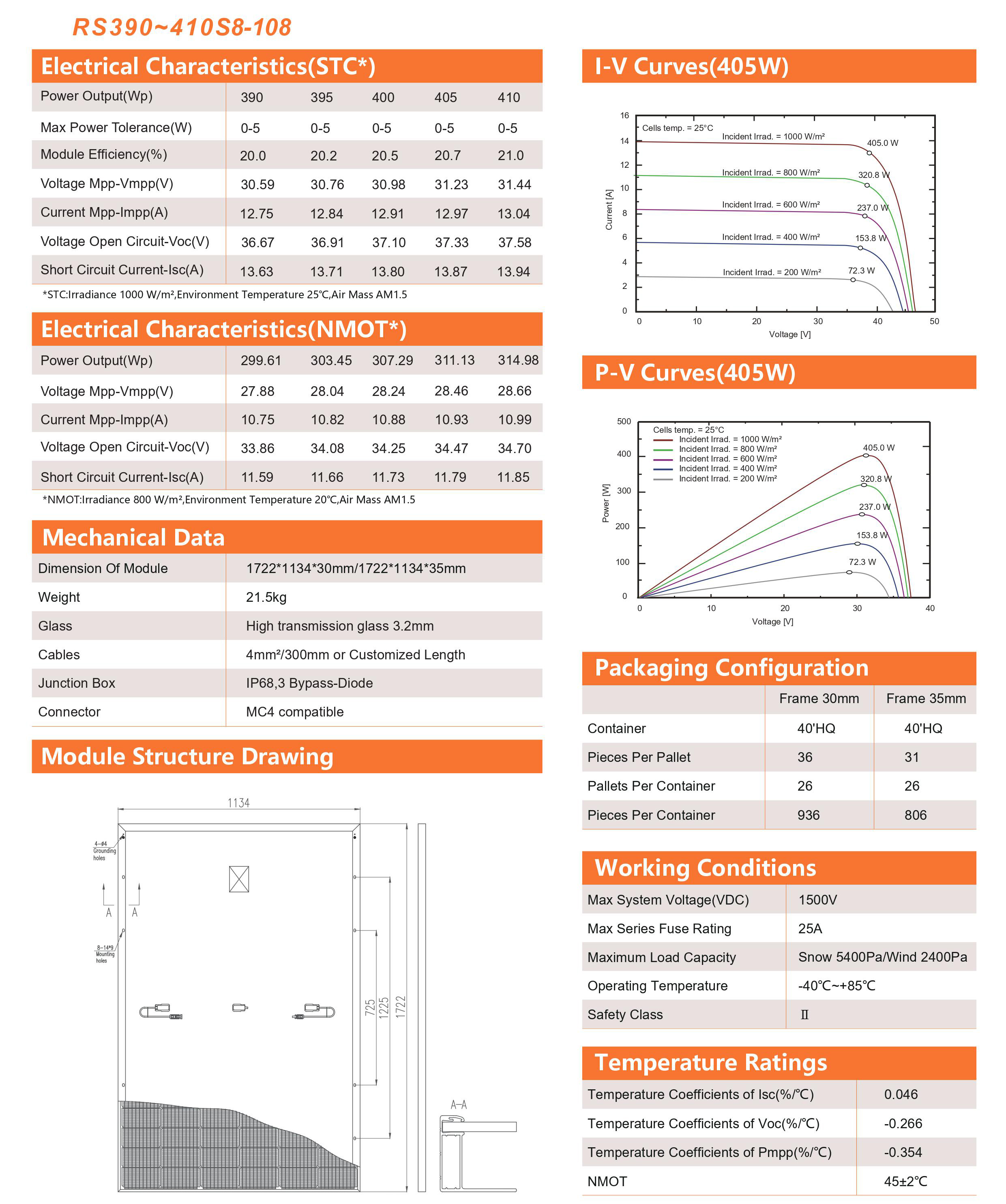 300 W 390 W 395 W 400 W 405 W 410 W monokristallines Solarpanel 500 Watt 550 Watt 600 Watt Heim-Photovoltaik-PV-Modul