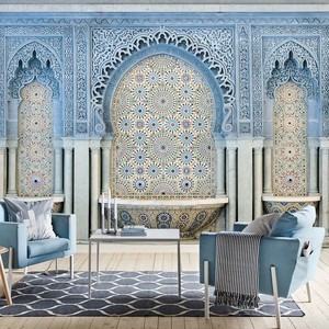 Mural de Pared con Mosaico de Arco Islámico Azul Marroquí, Papel Tapiz Personalizado con Diseño de Azulejos Vintage para Sala de Estar o Cafetería - Product Image 4