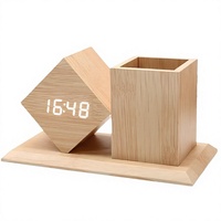 Porte-stylos en bois pour bureau fourni par une usine chinoise, horloge numérique LED, affichage de la température, commande vocale, luminosité à trois niveaux