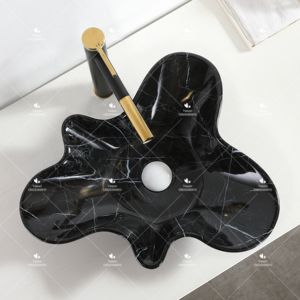 Lavabo hecho a mano de encimera negra con forma especial de grano de mármol blanco, lavabo de cerámica para Baño - Product Image 3