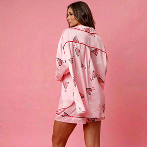 Conjunto de Pijama de Seda Rosa para Mujer, Ropa de Dormir con Estampado de Cóctel, Camisa de Manga Larga y Pantalones Cortos - Product Image 3