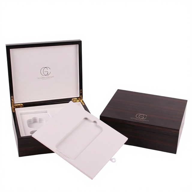 Custom Luxury MDF Wooden Phone Display Case Rectangle cellphone Gift Box with Engraved Print Recyclable Feature