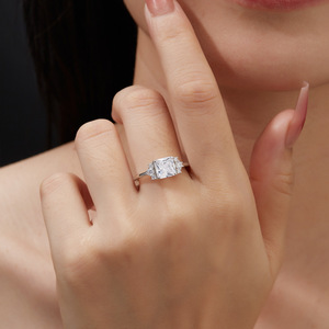 Elegant Radiant Cut Three Stone Moissanite 925 Sterling Silver <b>Thin</b> Band Halo Statement Women Engagement Wedding Promise <b>Ring</b> - Product Image 4