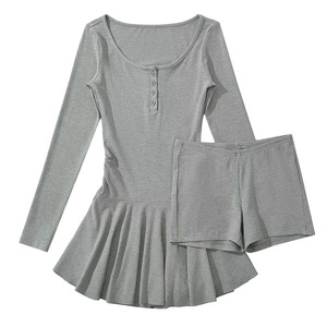 U Neck Long Sleeve Fitted Waist Pleated Skirt Dress Women High Waisted Casual Daily Wear - Product Image 5