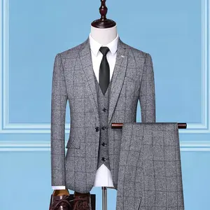 新款设计男士燕尾服套装韩式修身商务格子三件套婚礼伴郎套装