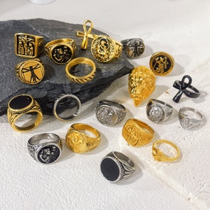 Nouvelle Arrivée Bague Lion pour <span class=keywords><strong>Homme</strong></span>, Anneau Torsadé Saint Christophe <span class=keywords><strong>Da</strong></span> <span class=keywords><strong>Vinci</strong></span>, Bague Chevalière Unique en Acier Inoxydable avec Onyx - Product Image 1
