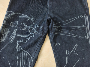 Jean en denim pour homme à double genouillère, coupe ample, en coton épais, indigo délavé, imprimé graphique, style décontracté, artisanal, sur mesure, OEM - Product Image 3