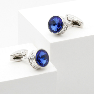 Boutons de manchette ronds de style français vintage pour homme avec cristaux bleus, boutons de manchette de luxe tendance - Product Image 1