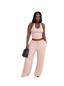 Completo Set Estivo da <span class=keywords><strong>Donna</strong></span> 2026 Personalizzabile con Logo - Top Halter e Pantaloni Lunghi <span class=keywords><strong>Casual</strong></span> a Tinta Unita, 2 Pezzi - Product Image 5
