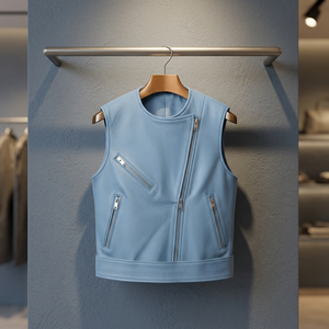 Gilet de moto rétro en cuir véritable bleu clair avec logo personnalisé pour homme, sans manches, fermeture éclair sur le devant - Product Image 2