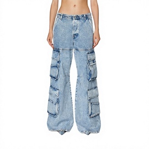 Women High <b>Waist</b> Stonewashed Denim Cargo Pants Loose Fit Full Length With Multiple Pockets Casual Style Spring Wear - Product Image 1