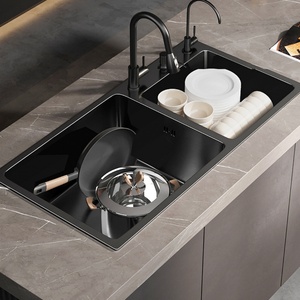 Fregadero de Cocina Moderno Inteligente de Acero Inoxidable, Nano Negro, Grande, Bajo Encimera, con Grifo Multifunción, Doble Tazón Cuadrado, 2 Orificios - Product Image 6