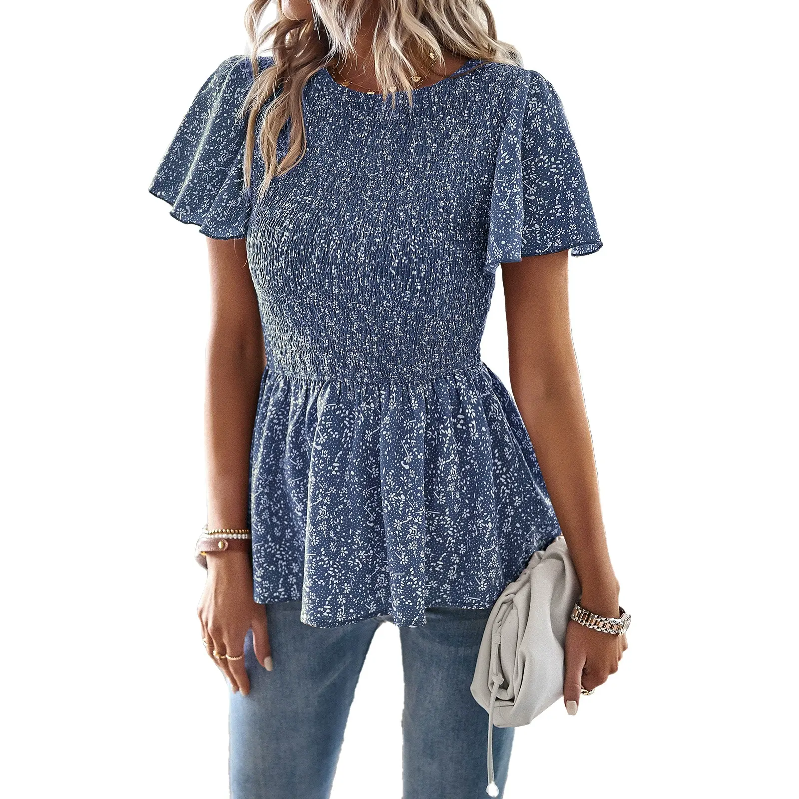 A413 Women Fancy Tunic Summer Chiffon Blouse Casual Short Sleeve V Neck Shirt Loose Printed Cuffed Sleeve Tunic Tops for Women