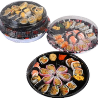 Plateau à sushi rond jetable en plastique PS de 28 cm, personnalisé, japonais, recyclable, alimentaire, avec couvercle