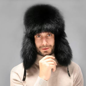 Gorro de Invierno para Hombre de Alta Calidad con Orejeras, Piel de Zorro Auténtica y Cuero, Gorro Ruso para Esquí - Product Image 1