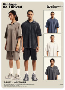 Traje de 2 piezas para hombre <span class=keywords><strong>Camiseta</strong></span> de peso pesado con cuello doblado Deportes High Street Athletic Wear Shorts y Polo Vintage Graphic T Shirt Set - Product Image 4