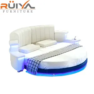 Modern romantik yuvarlak yatak led kral yuvarlak yatak müzik çalar ile Led ışık