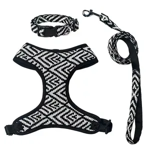 Fashion Exquisite Knitted Dog Harness with Air Mesh Padded Pet Accessories Checkered Dog Harness with Collar Leash Set