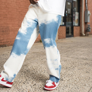 Pantalones Vaqueros de Mezclilla para Hombre, Corte Recto Holgado, Tie Dye, Azul Blanco, Lavado Descolorido, Estilo Urbano - Product Image 4