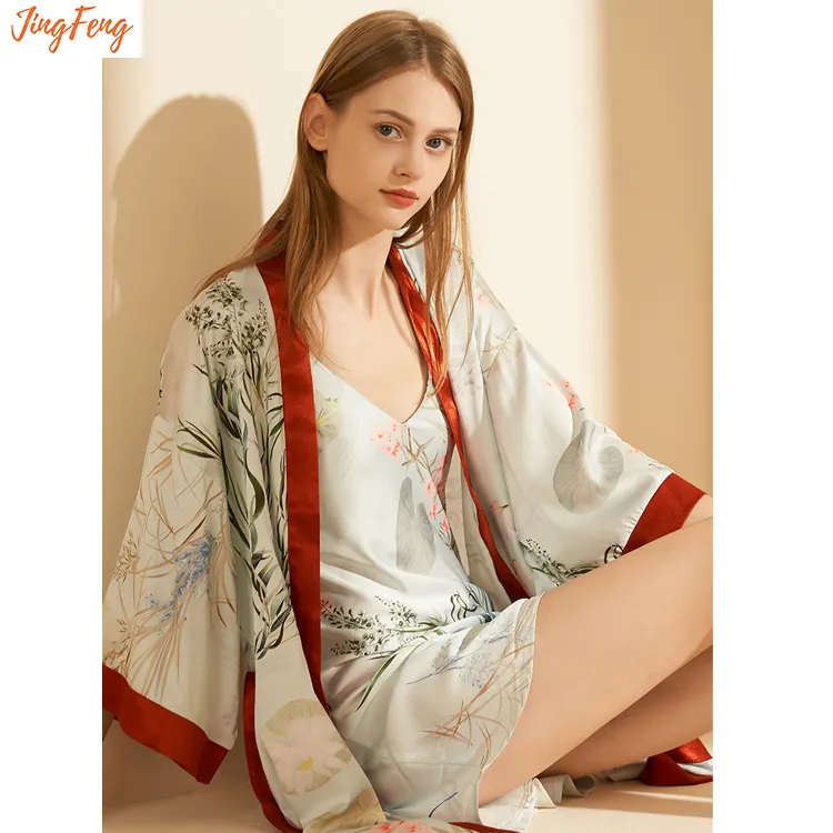 High Quality Custom Women's Long Floral Print satin Kimono Women Sleeping Long Sleeves soft Silk Robe