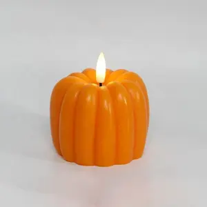 万圣节小南瓜浅橙色真蜡电池供电无焰闪烁发光二极管蜡烛