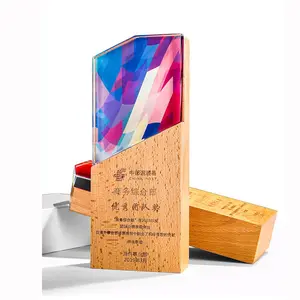 Color Printing Wood Trophy Awards Sandblasting Crystal Prize Trophy Crystal Glass Plaque Award WIth Wooden Base