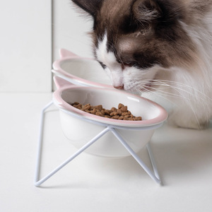 Ceramic <b>Cat</b> Bowls Double Elevated <b>Feeder</b> For <b>Cats</b> With Pink <b>Cat</b> Ears Design - Product Image 2