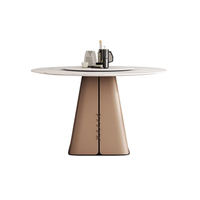 Moderner leichter Luxus-runder Tisch Minimalisti scher Stil Familie Kleine flache Fels platte mit Plattenspieler Sattel leder Esstisch