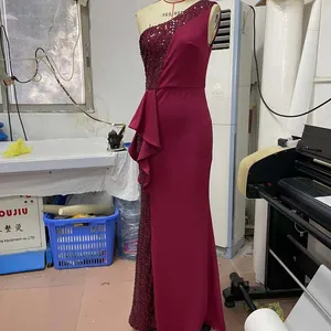 Gaun Malam Prom Yang Benar-benar Dicentang Buatan Pabrik Gaun Pakaian Formal Merah Anggur Wanita Berpayet untuk Gaun Prom
