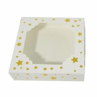 Boîte cadeau portable en carton blanc écologique, biodégradable et recyclable, avec insert à motif étoile or/argent et fenêtre vide pour sushis