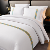 Parure de lit d'hôtel imprimée réactif haute densité 4 pièces, luxe, avec décoration en ruban tissé, housse de couette et linge de lit