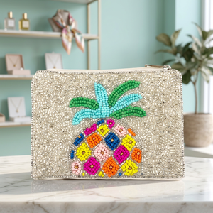 Pochette à monnaie ananas perlée faite à la main, brodée, avec fermeture éclair, multicolore, carrée, pour cadeau ou souvenir - Product Image 1